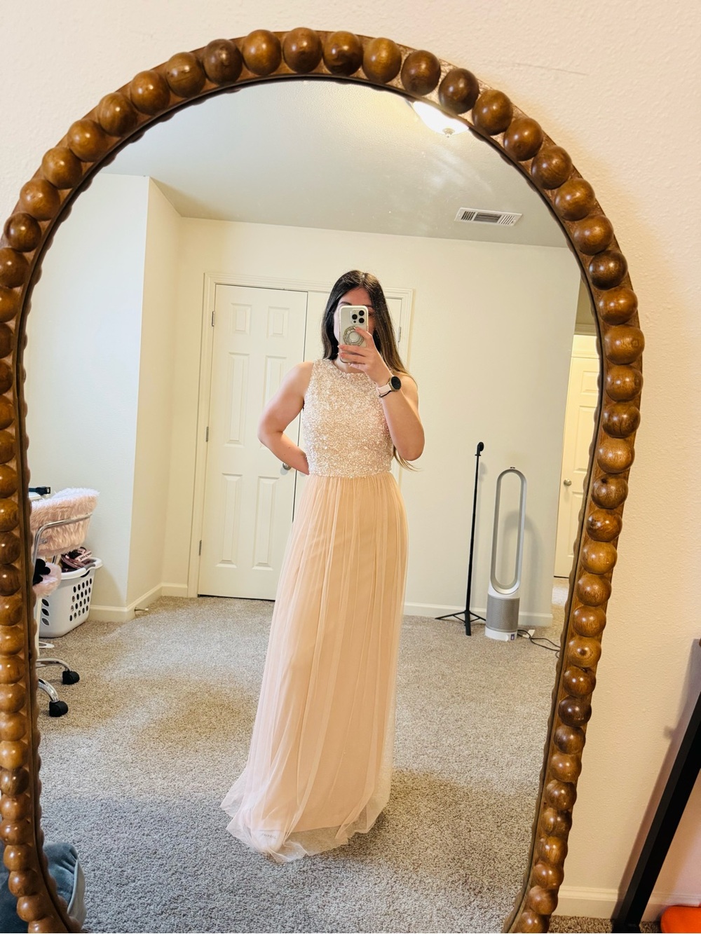 Lace & Beads Blush Sequin Beaded Tulle Maxi Formal Dress Size L